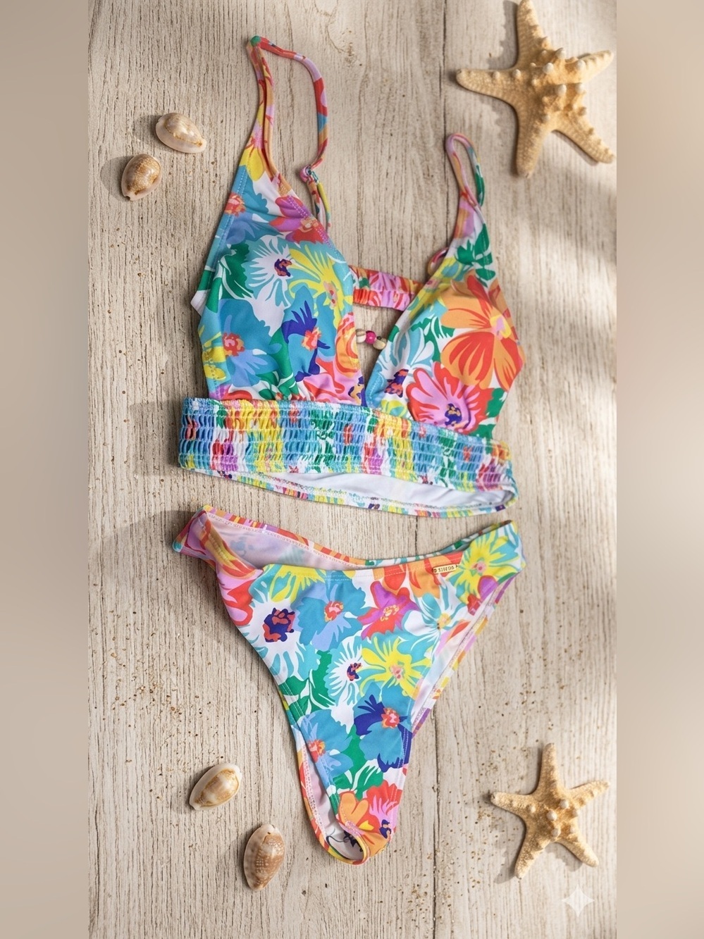 SHEIN Tropical Floral High Waist Bikini Set Vibrant Smocked Crop Top Large